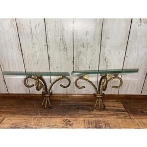 Vintage Home Interior Homeco Set of 2 Gold Twisted Rope Shelf Shelves with Glass